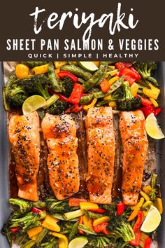 sheet pan salmon and veggies with text overlay