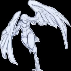 a drawing of an angel standing with its wings spread out and facing the right side