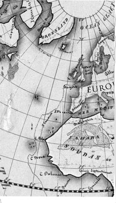 an old map shows europe and other parts of the world in black and white ink