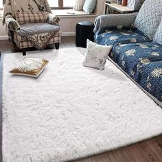 a living room filled with furniture and a white rug