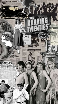 the roaring twenties collage with newspaper clippings and images of women in dresses