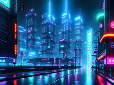 a futuristic city at night with neon lights