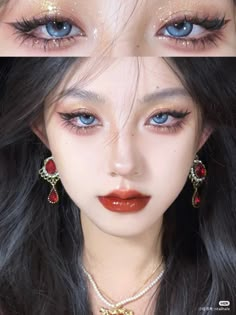 Kbeauty Korean Makeup Eyes, Uzzlang Eye Makeup, Glitter Eye Makeup Asian Eyes, Red Eye Makeup Douyin, Eye Makeup Douyin Brown, Edgy Eye Makeup, Barbie Makeup