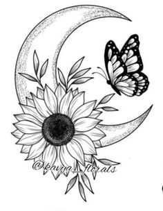 a sunflower and butterfly sitting on top of a crescent with the moon in the background