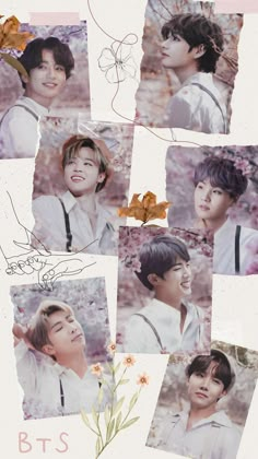 the collage shows many different images of young men with flowers on their heads and shoulders