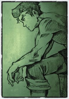 a drawing of a man sitting down with his hand on his knee and looking at the ground