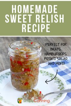 homemade sweet relish recipe in a jar on a plate