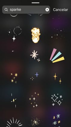 an iphone screen with different types of fireworks and stars in the dark night sky on it