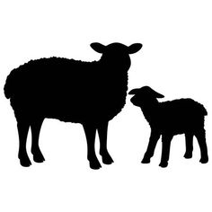 two sheep standing next to each other on a white background in black and white silhouettes