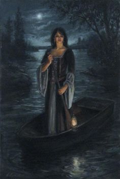 a painting of a woman in a boat on the water at night with a lantern