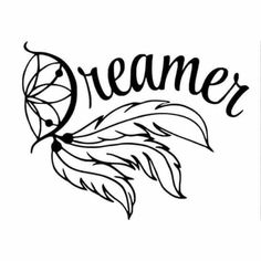 a black and white drawing of a feather with the word'dream'in it