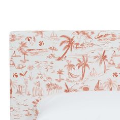 an orange and white wallpaper with palm trees, boats, and beach scenes on it