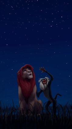 the lion and the mouse are facing each other in front of a night sky with stars