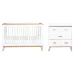 a white crib and dresser next to each other on a white background, with the baby's bed in the foreground