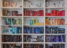 a bookshelf filled with lots of different types of books on top of white shelves