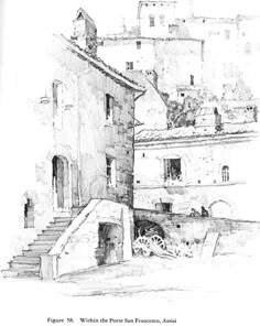 an ink drawing of some buildings and stairs