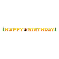 a happy birthday banner with trees and the words happy birthday in orange, yellow and green