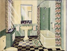 an old fashioned bathroom with green walls and checkered flooring on the tile floors