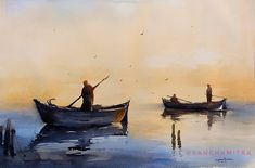 watercolor painting of two people in a row boat