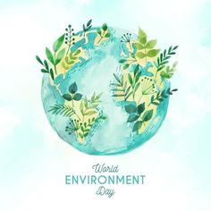 the earth is surrounded by plants and leaves on it's side, with words world environment day