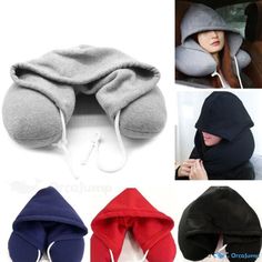 four different color pillows with hoods on them