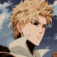 an anime character with blonde hair and black eyes looking at the camera while standing in front of clouds