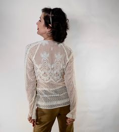 "Victor Costa patchwork lace blouse. Victorian revival, hippie, wedding, formal top. Bell sleeves. 17\" shoulder 31\" sleeve 38\" chest 23\" length" Fitted Vintage Lace Top With Long Sleeves, Fitted Long Sleeve Crochet Top For Party, Bohemian Tops For Spring Wedding, Bohemian Cream Lace For Spring, Bohemian Wedding Tops For Spring, Bohemian Spring Wedding Tops, White Lace With Long Sleeves And Patchwork, Fitted Bohemian Top With Lace Sleeves, Fall Lace Blouse With Lace Sleeves