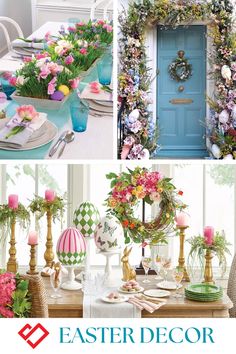 an easter decor collage with flowers and eggs