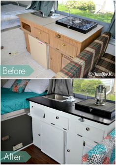 before and after photos of a camper kitchen remodel with an oven, sink, stove top and refrigerator