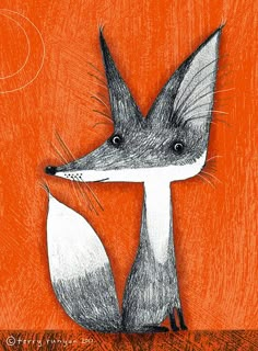 a drawing of a fox with its head in the shape of a letter t on an orange background