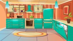 a cartoon kitchen with blue appliances and orange walls - miscellaneous objects / artsy illustrations