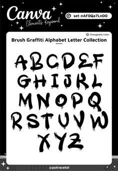 the brush graffiti alphabet letter collection is shown in black and white, with stars above it