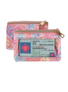 a pink and blue purse with an id card in it