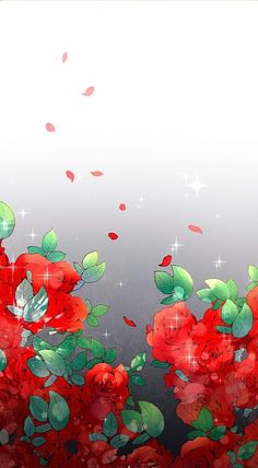 red flowers with green leaves and sparkles in the background