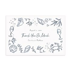 a thank card with an image of wine glasses and leaves on the front, in blue ink