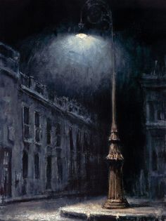 a painting of a lamp post in the middle of a dark city street at night