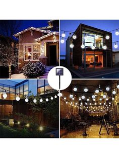 four different pictures with lights hanging from the ceiling and in front of a house at night