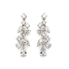 flowing bridal dangle earrings with oval and circle cut cubic zirconia clusters and silver link detailing Custom Signature, Elegant Pattern, Luxury Bridal, Bridal Headpieces, Bridal Earrings, Wedding Earrings, Bridal Looks, Bridal Style, Rhodium Plated