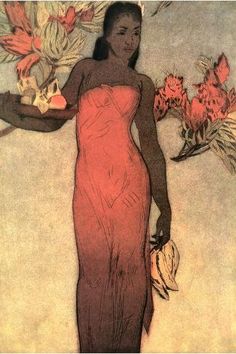 a woman in a red dress holding flowers