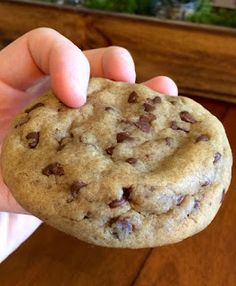 a person holding a chocolate chip cookie in their hand