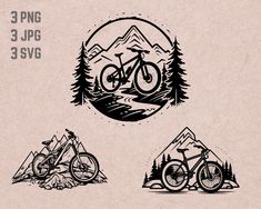 three mountain bike logos with trees and mountains in the background