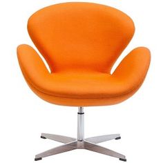 an orange chair with chrome base and footrests is shown in front of a white background