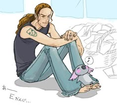 a drawing of a man sitting on the ground holding a stuffed animal