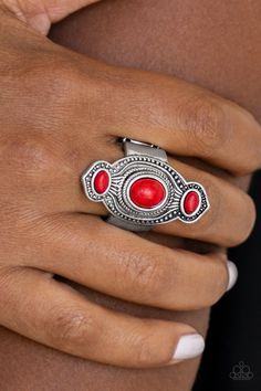 Three fiery red stones are pressed into an abstract silver frame radiating with texture and studded details for a seasonal look. Features a stretchy band for a flexible fit. Sold as one individual ring. Paparazzi Accessories Jewelry, Red Stone Ring, Red Ring, Red Rings, Red Stones, Red Bracelets, Fiery Red, Paparazzi Accessories, Turquoise Stones