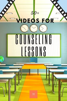 a classroom with desks and two clocks on the wall that says, video for consulting lessons