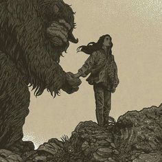 a woman standing next to a big furry bear on top of a hill with her hand in the mouth