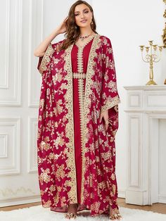 Dubai 2 Piece Set Women Muslim Kaftan Inner Dress Open Kimono Abaya Arab Robes | eBay Maxi Length Kimono For Eid Wedding, Red Long Thobe For Eid, Eid Wedding Maxi Length Kimono, Maxi Length Wedding Kimono For Eid, Red Kaftan For Eid, V-neck Thobe For Eid Festivities, Red Dabka Abaya For Eid, Red Floor-length Abaya With Dabka Detail, Red Long Abaya For Eid