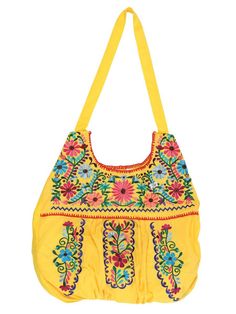 Artisanal Cloth bag hand embroidered by our artisans. -  100% Cotton Yellow Flower Embroidered Jeans, Mexican Bag, Mexican Textiles, Embroidered Jean Jacket, Mexican Embroidery, Mexican Women, Embroidery Bags, Designer Name, Cloth Bag