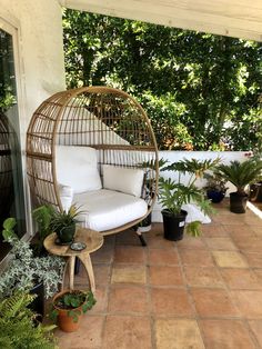 an outdoor swing chair with cushions and plants