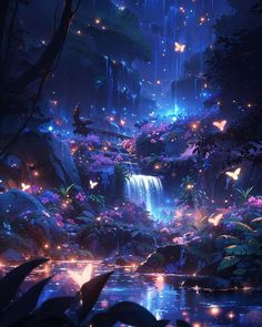 a waterfall with butterflies flying over it in the middle of a forest at night time